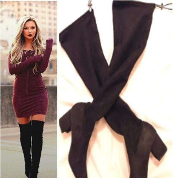 EXPRESS Over the Knee Boots Sz 8 BLOCK 3" Heels BLACK Vegan Faux Suede Tall NWOT - Picture 1 of 16